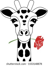 Smiling giraffe head with rose vector illustration.