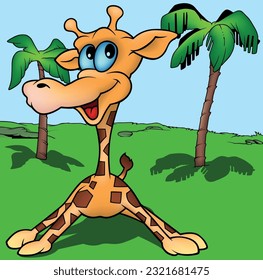 A Smiling Giraffe with its Legs Spread Wide on the Ground - Colored Cartoon Illustration with  Background, Vector