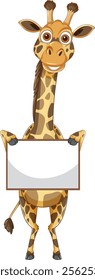 Smiling giraffe presenting a blank white sign