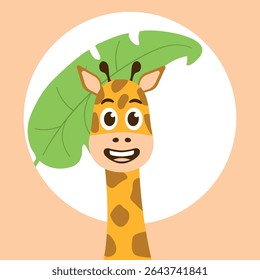 Smiling Giraffe with tropical Leaf for children design and zoo. Spotted cheerful cute Animal with long neck and Palm tree in circle. Africa, safari. Cartoon character and nature. Vector illustration