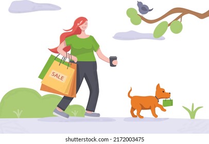 A smiling girl after shopping with packages walks down the street with a dog.