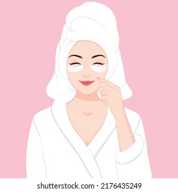 Smiling girl applying daily facial eye mask in bathrobe skincare nature beauty spa salon concept, Beauty model with perfect fresh skin cares about her skin at home