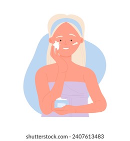 Chica sonriente aplicando crema hidratante facial. Después de mascarilla crema facial, cuidado de la belleza rutina de caricatura ilustración vectorial