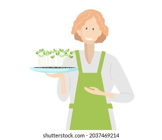 Smiling girl in apron with micro greens plant pot. Fresh sprouts and young leaves for salad. Healthy Food Sprouts. Healthy nutrition. Microgreen store, farmers market Cartoon flat vector illustration.