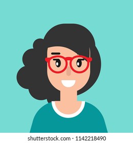 smiling girl avatar. cute happy woman with black hair and red glasses. flat icon on blue background. female person character. vector illustration. operator, user, client. Profile portrait.