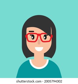 smiling girl avatar. cute happy woman with black hair and red glasses. flat icon on blue background. female person character. vector illustration. operator, user, client. Profile portrait.