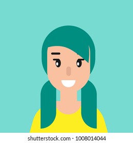 smiling girl avatar.  cute smiling woman with blue and yellow shirt.  flat icon on blue background.  person character. vector illustration. 