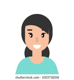smiling girl avatar.  cute smiling woman with black hair and blue shirt.  flat icon on white background.  person cartoon character. vector illustration. 