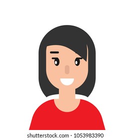 smiling girl avatar.  cute smiling woman with black hair.  flat icon on white background.  person character. vector illustration. 