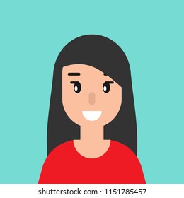 smiling girl avatar.  cute smiling woman with long black hair.  flat icon on blue background.  person character. vector illustration. 