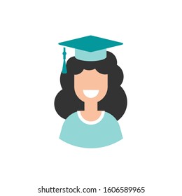 smiling girl avatar. cute smiling woman with black hair and mortar board cap on head.  flat icon on white background.  student, graduate, senior character. vector university education illustration. 