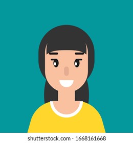 smiling girl avatar.  cute smiling woman with black hair.  flat icon on blue background.  person character. vector illustration. 