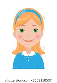 Smiling girl avatar isolated on a white background. Vector illustration in flat style. Cute girl in blue.