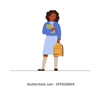 Smiling girl back to school or college. African American female student with backpack and book in school uniform. Education concept. Vector illustration