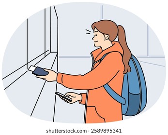 Smiling girl with backpack buying tickets at train station. Happy female traveler give documents purchase pass at cash at railway terminal. Vector illustration.