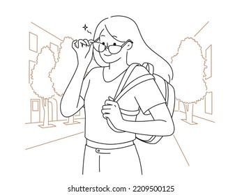 Smiling girl with backpack posing outdoors. Happy female student in sunglasses on street. Youth and fashion. Vector illustration. 