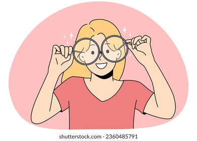 Chica sonriente con grandes anteojos para corrección visual. Los niños felices usan espectáculos para una mejor vista. Concepto óptico. Ilustración vectorial.