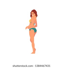 Smiling Girl in Bikini, Beautiful Young Woman Wearing Color Bathing Suit, Summer Fashion Vector Illustration