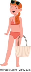 A smiling girl in a bikini holding a beach bag, drawn in a playful cartoon style. The character wears sunglasses and has long hair, exuding a cheerful summer vibe. Cartoon vector illustration.