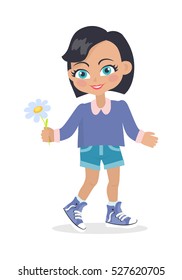 Smiling girl with black bob haircut with dark forelock. Nice female person with chamomile flower. Green eyes. Cartoon style. Kindergarten concept. Spring beauty. Flat design. Vector illustration