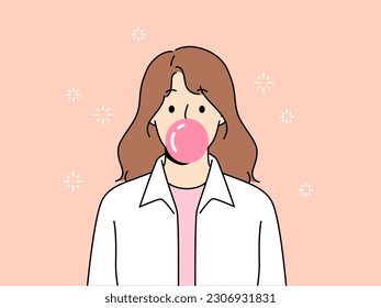 Smiling girl blow bubble from gum. Happy child with pink bubblegum. Fun and childhood. Vector illustration. 