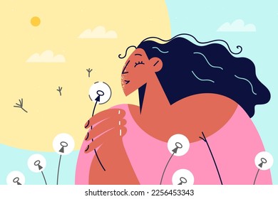 Smiling girl blow dandelion in field during summertime. Happy woman with flower in hand enjoy summer. Vector illustration. 