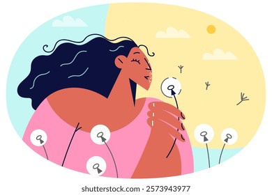 Smiling girl blow dandelion in field during summertime. Happy woman with flower in hand enjoy summer. Vector illustration.