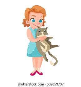 Smiling girl in blue dress holding gray cat. Isolated cute kid illustration.