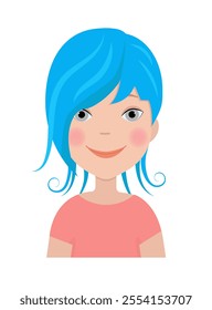 Smiling girl with blue hair. Avatar isolated on a white background. Vector illustration in flat style. Cute girl in red clothes.