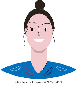 A smiling girl in a blue T-shirt with smiles