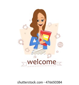 Smiling girl with book. concept of education, training courses, obtaining specialty, university graduation, Modern concepts for web banners, online tutorials, printed, promotional materials