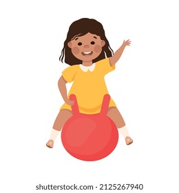 Smiling Girl Bouncing on Ball and Waving Hand Playing and Having Fun Vector Illustration