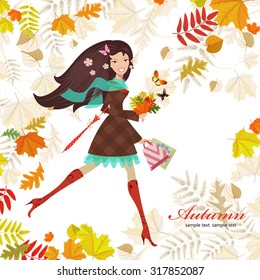 Smiling girl with bouquet of fall colorful leaves. happy autumn day