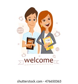 Smiling girl and boy with book. concept of education, training courses, obtaining specialty, university graduation, Modern concepts for web banners, online tutorials, printed, promotional materials