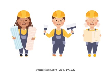 Smiling Girl and Boy Builder in Hard Hat and Overall with Hand Trowel and Wallpaper Roll Vector Set