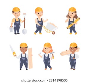 Smiling Girl and Boy Builder in Hard Hat and Overall Vector Set