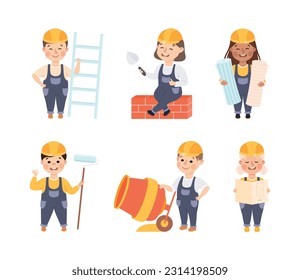 Smiling Girl and Boy Builder in Hard Hat and Overall Vector Set