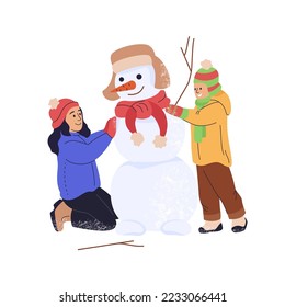 Smiling girl with boy building snowman. Kids playing outdoors on winter holidays. Cute little children having fun in wintertime. Vacation and childhood. Flat vector illustration isolated