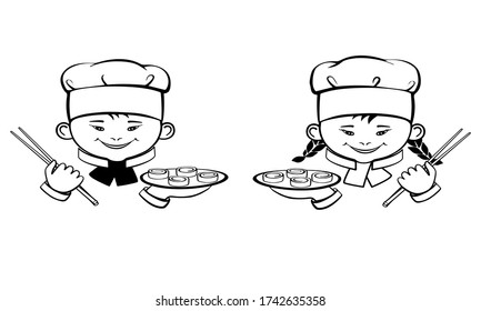 Smiling girl and boy. Cute cartoon little cooks with sushi. Logo vector icon isolated on white background. Hand drawing.