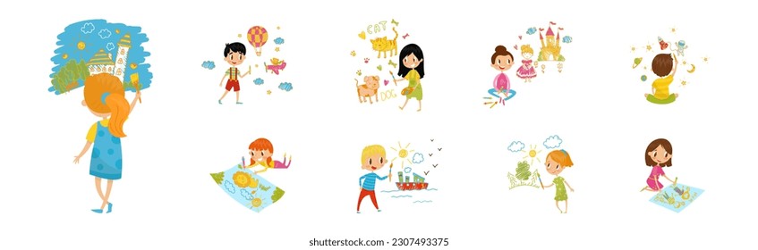 Smiling Girl and Boy Drawing on the Wall and Paper Vector Set