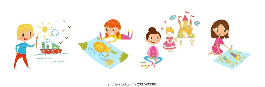 Smiling Girl and Boy Drawing on the Wall and Paper Vector Set