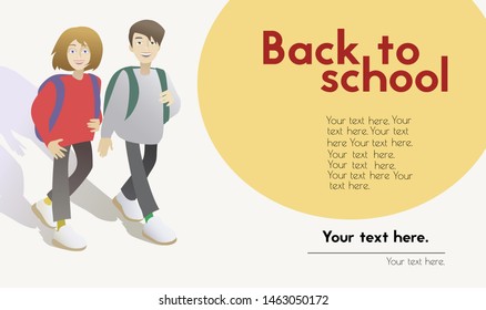 . Smiling girl and boy go back to school. Education banner template with cartoon characters and typography.