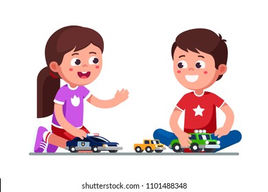 Smiling girl & boy kids playing with toy cars. Happy kids playing together. Children cartoon characters sitting on floor with toy cars and trucks. Child preschool development. Flat vector illustration