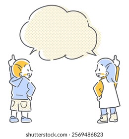Smiling girl and boy pointing - simple and cute line drawing illustration