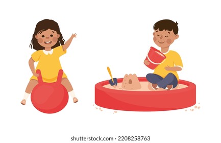 Smiling Girl and Boy in Sandpit and Bouncing on Ball Playing and Having Fun Vector Set