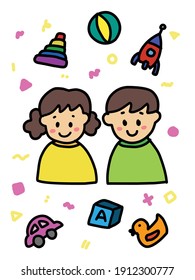 Smiling girl and boy surrounded by toys. Simple and cute hand drawing vector, isolated on the white background 
