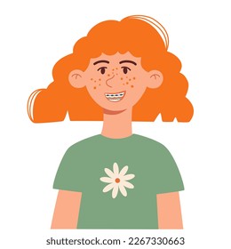 Smiling girl with braces on teeth. Installing braces. Correction of byte. Dentistry. Orthodontics. Installing braces. Metal braces. Straight teeth. Vector illustration in flat style. 