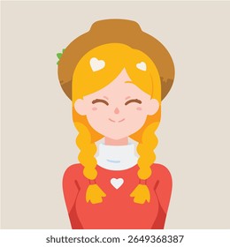Smiling Girl with Braids and Hat, Flat Vector Illustration