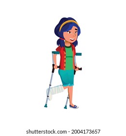smiling girl with broken leg going on crutches from doctor cartoon vector. smiling girl with broken leg going on crutches from doctor character. isolated flat cartoon illustration