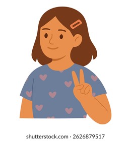 Smiling girl with brown hair showing a peace sign, wearing a heart-patterned shirt in soft cartoon style.